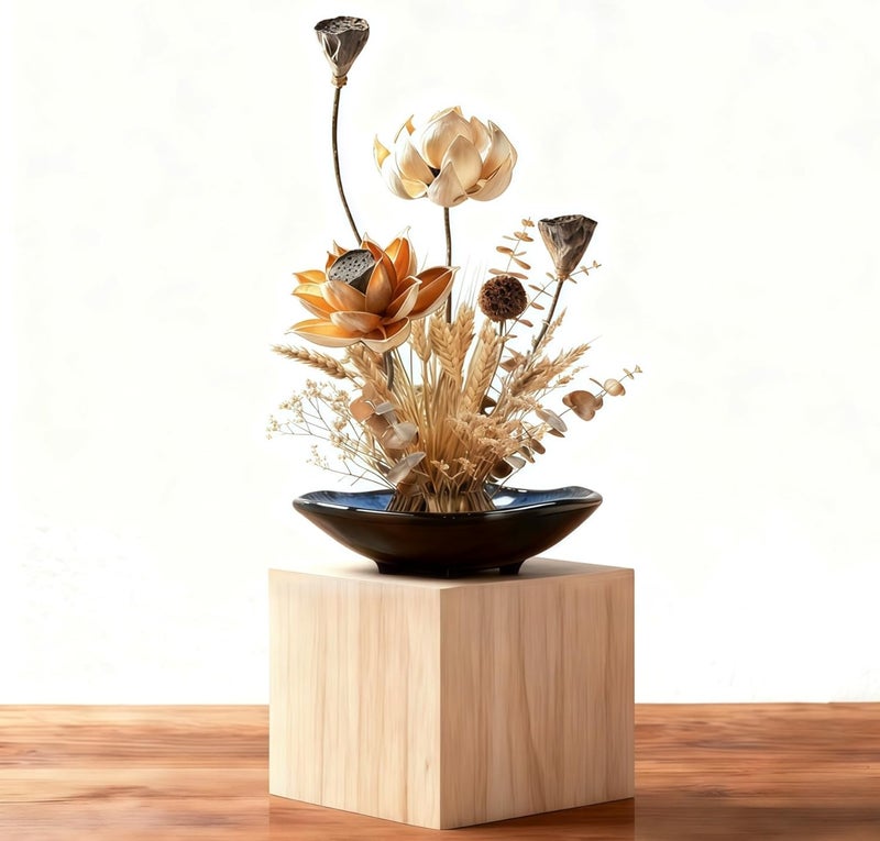 Eggone Ikebana Vase Kit - Flower Frog Bowl Set, Japanese Inspired Ceramic Vase with Metal Floral Frog, Flower Stem Holder Bowl Flower Arrangement Decoration (Blue-Small) - Image 3